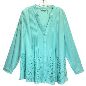 Soft Surroundings Light Turquoise Cotton Gauze Eyelet Button-Up Tunic - Size 1X